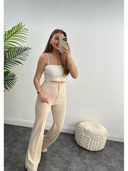 Bej Krep Kumaş Likralı Önü Çimalı İspanyol Paça Pantolon