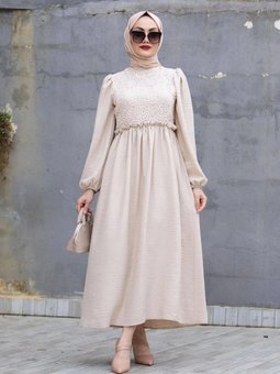 Bej Nesli Dantel Robalı Keten Elbise