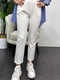 Beyaz Beli Lastikli Bilek Boy Pantolon