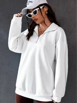 Beyaz Dik Yaka Fermuarlı İplik Şardonlu Sweatshirt
