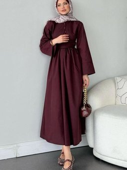 Bordo Keten Yan Çapraz Bağlamalı Elbise