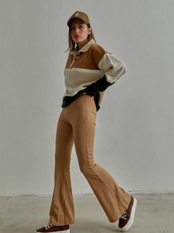 Camel Yüksek Bel Fitilli Ispanyol Paça Tayt Pantolon