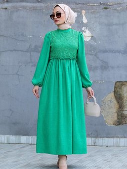 Çim Yeşili Nesli Dantel Robalı Keten Elbise