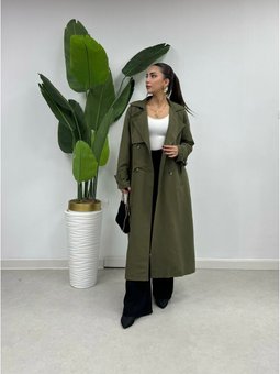 Haki Arka Yırtmaç Detaylı Torino Kumaş 120cm Trençkot