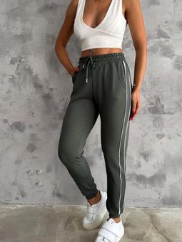 Haki Şeritli Modal Kumaş Rahat Kalıp Pantolon