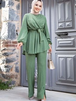 Haki V Çaprazlı Pantolonlu İkili Takım
