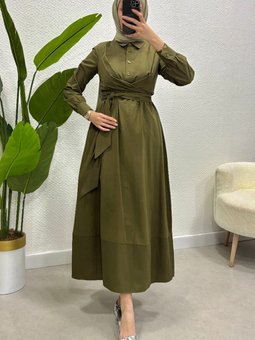 Haki Yaka Bağlamalı Poplin Kumaş Gömlek Elbise