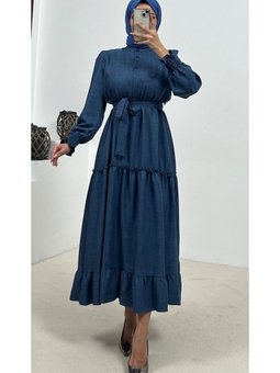 İndigo Renk Kolları Gipe Detaylı Kuşaklı Katlı Elbise