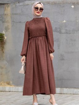 Kahve Nesli Dantel Robalı Keten Elbise