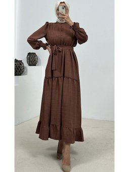 Kahverengi Kolları Gipe Detaylı Kuşaklı Katlı Elbise