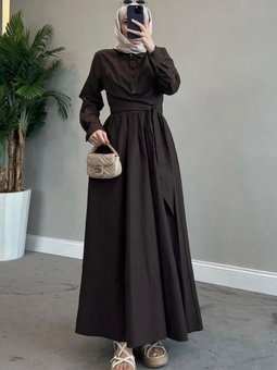 Kahverengi Yaka Bağlamalı Poplin Kumaş Gömlek Elbise