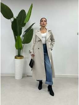 Krem Arka Yırtmaç Detaylı Torino Kumaş 120cm Trençkot