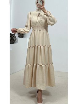 Krem Bel Kısmı Gipeli Keten Elbise