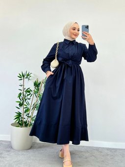 Lacivert Belden Bağlamalı Elbise