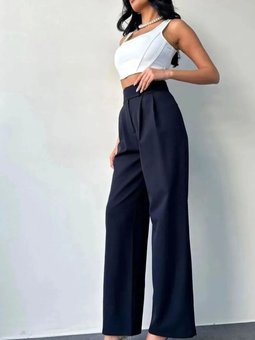 Lacivert Cırt Cırtlı Bol Paça Pleli Palazzo Pantolon