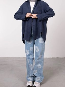 Lacivert Dokulu Kumaşlı Cep Detaylı Tunik