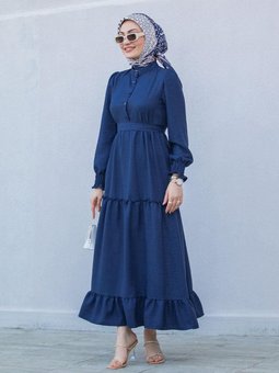 Lacivert Etek Fırfır Detaylı Keten Elbise