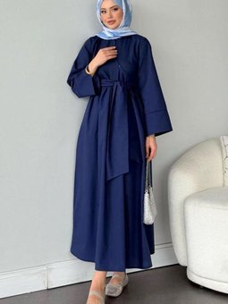 Lacivert Keten Yan Çapraz Bağlamalı Elbise