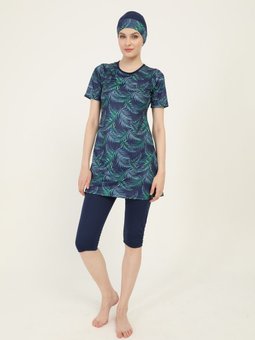 Lacivert Kol Desenli Yarı Boneli Mayo