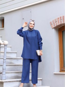 Lacivert Modal Kumaş Gömlek Pantolon İkili Geniş Kalıp Takım