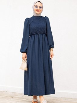 Lacivert Nesli Dantel Robalı Keten Elbise