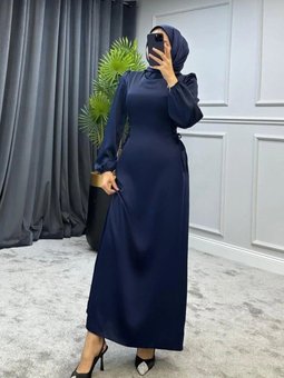 Lacivert Saten Kumaş Yandan Bağlamalı Model Abiye Elbise