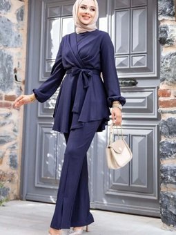 Lacivert V Çaprazlı Pantolonlu İkili Takım