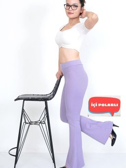 Lila Yüksek Bel Toparlayıcı Içi Polarlı Kışlık Fitilli Ispanyol Tayt Pantolon