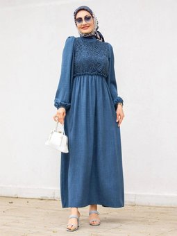 Mavi Dantelli Robalı Melaj Keten Elbise
