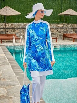 Mavi Ebru Desenli Tam Kapalı Mayo