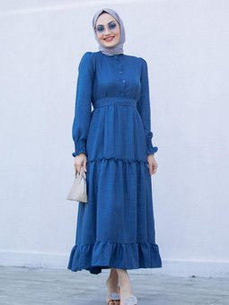 Mavi Etek Fırfır Detaylı Keten Elbise