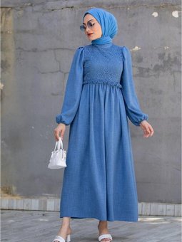 Mavi Nesli Dantel Robalı Keten Elbise