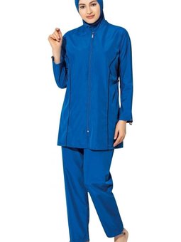 Saks Mavisi Uzun Kollu Düz Sade Tam Kapalı Mayo