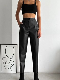 Siyah Deri Önü Çimalı İçi Şardonlu Kışlık Çepli Pantolon