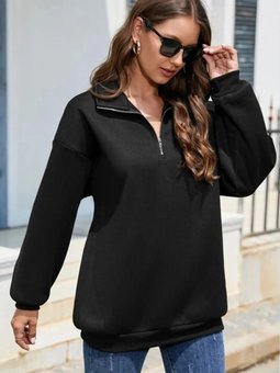 Siyah Dik Yaka Fermuarlı İplik Şardonlu Sweatshirt