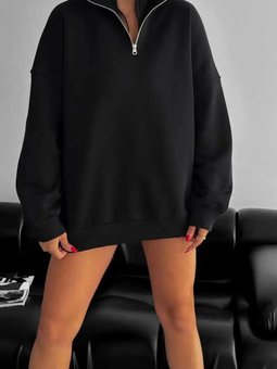 Siyah İplik Şardonlu Dik Yaka Fermuarlı Sweatshirt