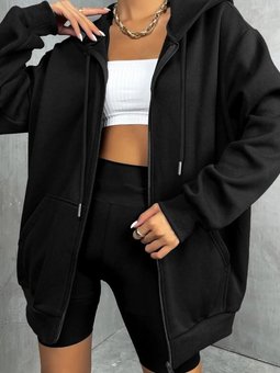 Siyah Kapüşonlu Fermuarlı Üç İplik Polar Oversize Salaş Sweatshirt