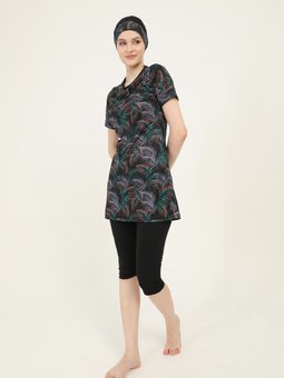 Siyah Kol Desenli Yarı Boneli Mayo