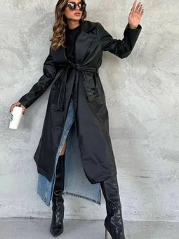 Siyah Kuşaklı Deri Trençkot