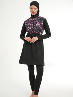 Siyah Prenses Model Tesettur Fırfır Detay Tam Kapalı Mayo