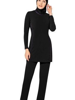 Siyah Uzun Kollu Düz Renk Biyeli Esnek Tam Kapalı Mayo