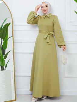 Yağ Yeşili Kumaş Kuşaklı Elbise