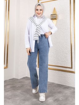 Bol Paça Beli Lastikli Açık Mavi Kot Pantolon