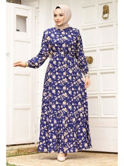 Çiçek Desenli Beli Kuşaklı Volanlı İndigo Elbise