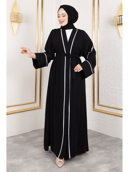 Çıtçıtlı Biye Detaylı Şallı Abaya Siyah