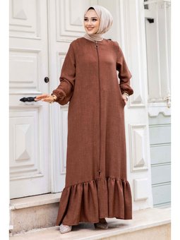Eteği Volanlı Fermuarlı Kahverengi Ferace