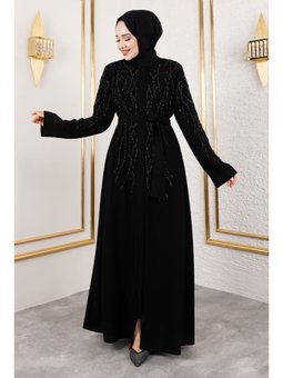 Gizli Fermuarlı Taş Detaylı Abaya Siyah