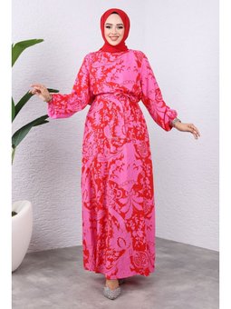 Yaprak Desenli Viskon Kırmızı Elbise