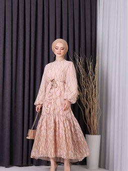 Bej Şifon Eteği Fırfırlı Desenli Elbise