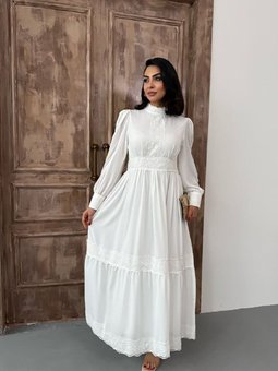 Beyaz Hakim Yaka Dantel Detaylı Astarlı Elbise